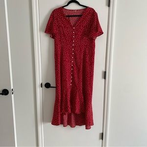 Red and White Polka Dot Print Vintage Inspired High Low Silhouette Dress
